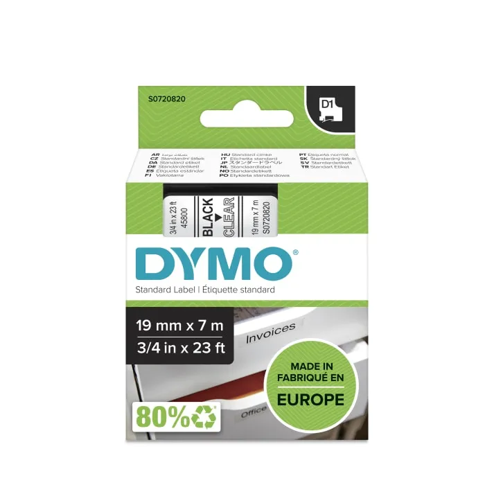 Dymo Black on Clear Label Printer Tape, 7 m Length, 19 mm Width